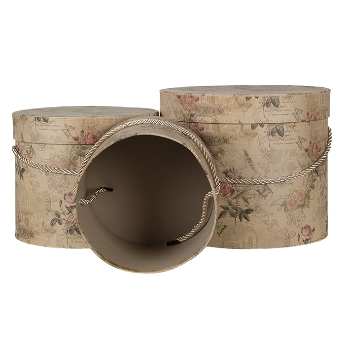 Clayre & Eef Hoedendoos Set van 3 Ø 23x20 cm Beige Roze Karton Bloemen
