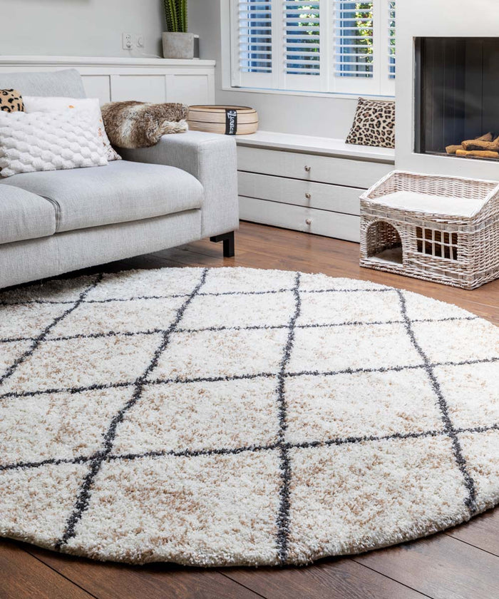 Boho&me Rond hoogpolig vloerkleed geruit Artisan - wit|grijs - 160 cm