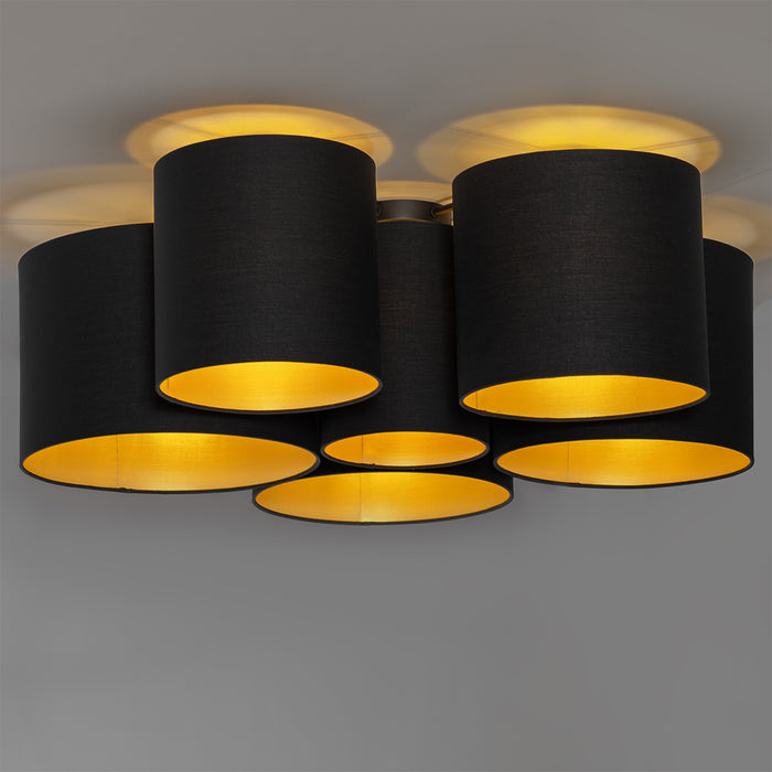 QAZQA Plafondlamp zwart met gouden binnenkant 6-lichts - Multidrum