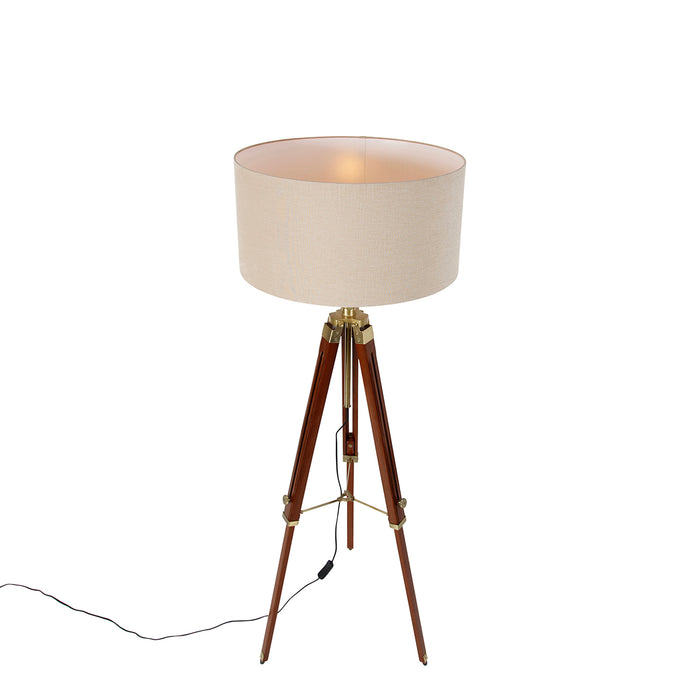 QAZQA Vloerlamp messing met kap lichtbruin 50 cm tripod - Cortin