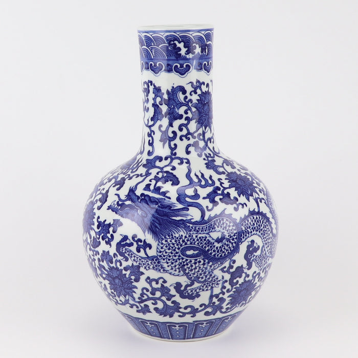 Fine Asianliving Chinese Vaas Blauw Wit Porselein Draak D22xH34cm