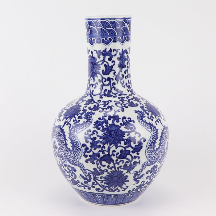 Fine Asianliving Chinese Vaas Blauw Wit Porselein Draak D22xH34cm
