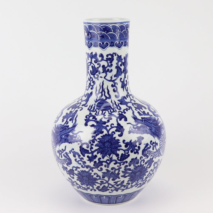 Fine Asianliving Chinese Vaas Blauw Wit Porselein Draak D22xH34cm