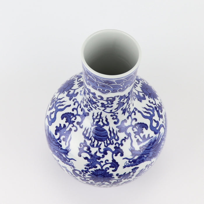 Fine Asianliving Chinese Vaas Blauw Wit Porselein Draak D22xH34cm