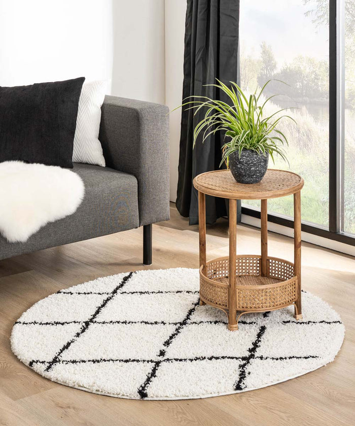Boho&me Rond hoogpolig vloerkleed ruiten Habitat - wit|zwart - 120 cm