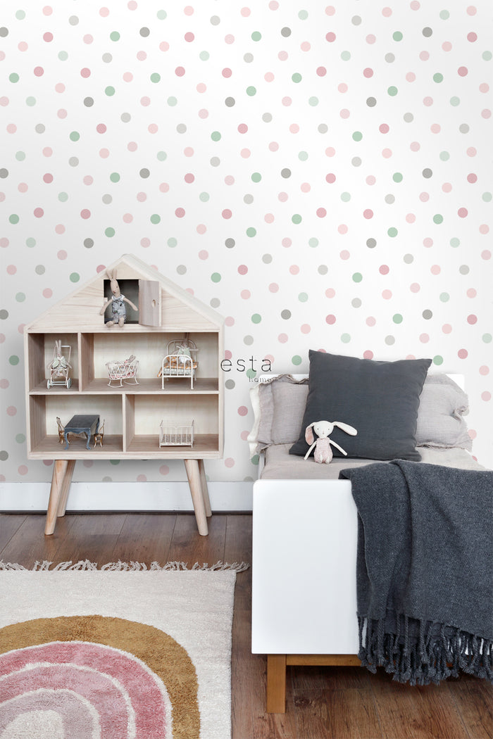 ESTAhome behang stippen roze, groen en grijs - 0,53 x 10,05 m - 139040