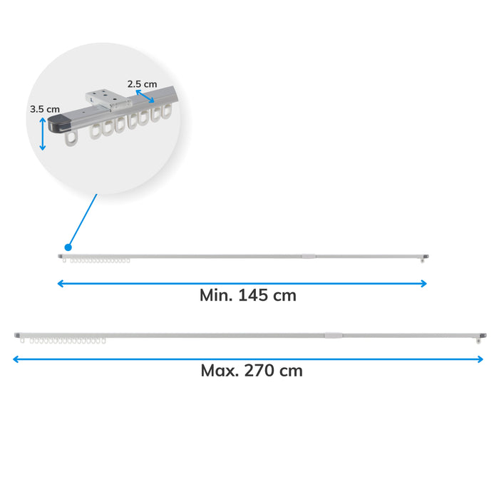 Gordijnrail - uitschuifbaar - van 145 tot 270 cm - aluminium - gebroken wit