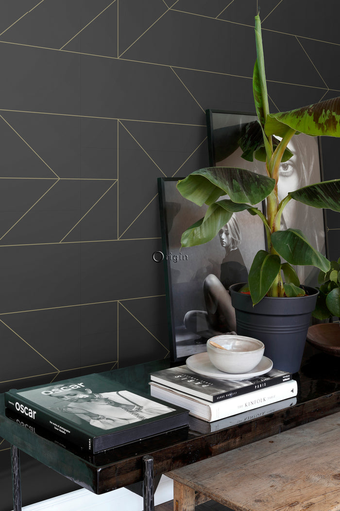 Origin Wallcoverings behang grafische lijnen zwart en goud - 0,53 x 10
