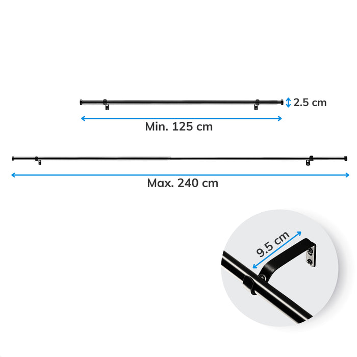 Gordijnroede voor Gordijnen - Uitschuifbare Gordijn Rail - Stang van 125-240 cm - Zwart
