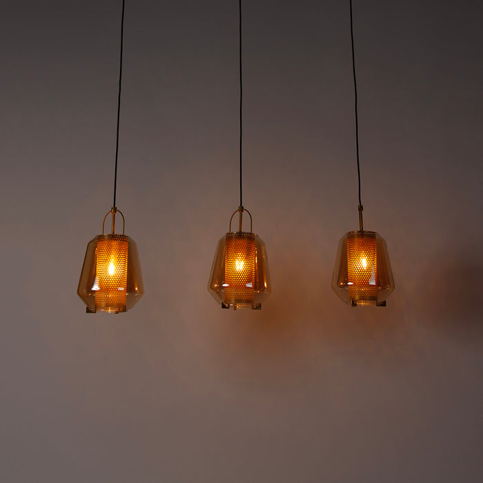 QAZQA Hanglamp goud met amber glas 23 cm langwerpig 3-lichts - Kevin