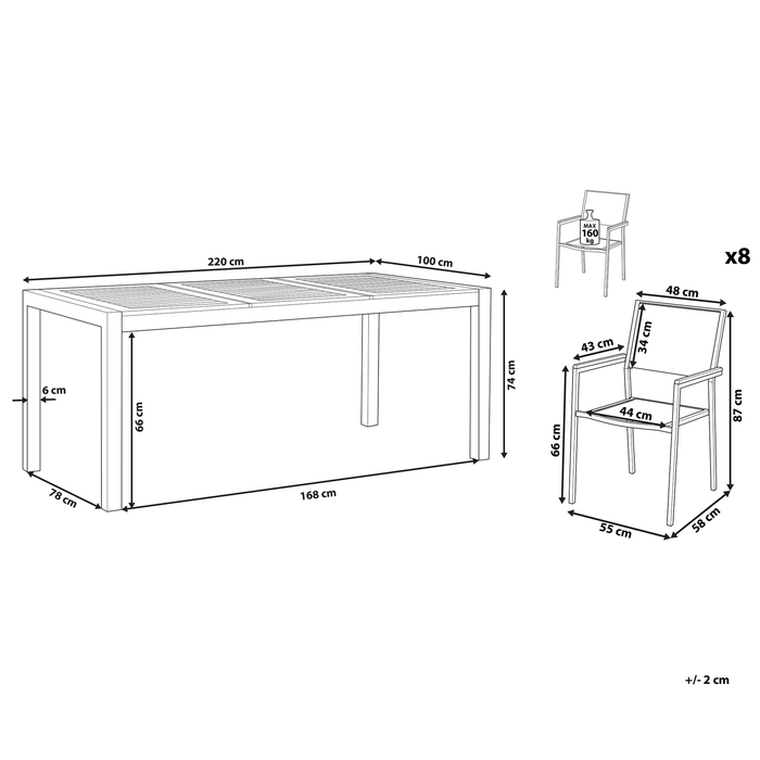 Beliani-GROSSETO -Tuinset voor 8-Licht hout|Zwart-Eucalyptushout|RVS