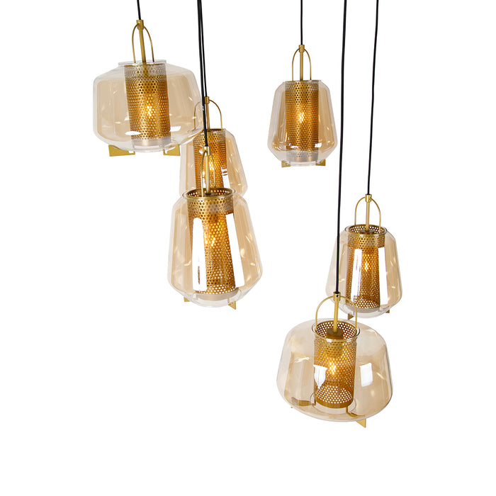 QAZQA Art deco hanglamp goud met amber glas 6-lichts - Kevin