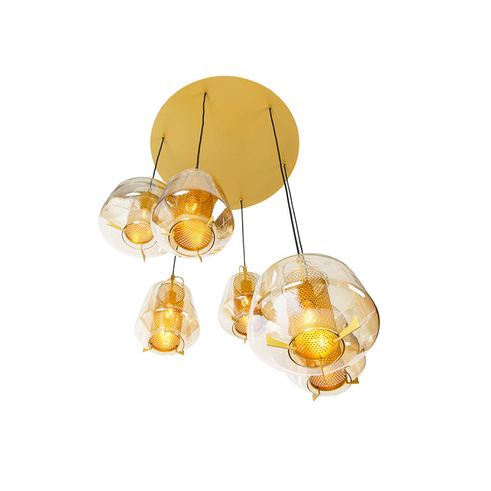QAZQA Art deco hanglamp goud met amber glas 6-lichts - Kevin
