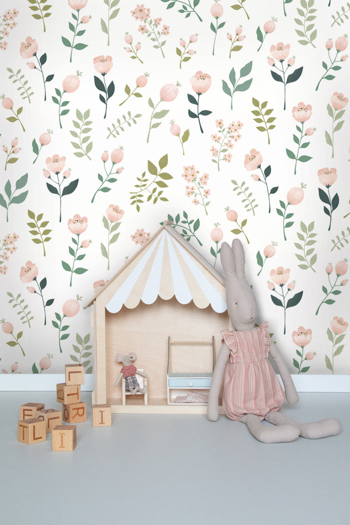 ESTAhome behang bloemen donkerblauw, roze en groen - 0,53 x 10,05 m -