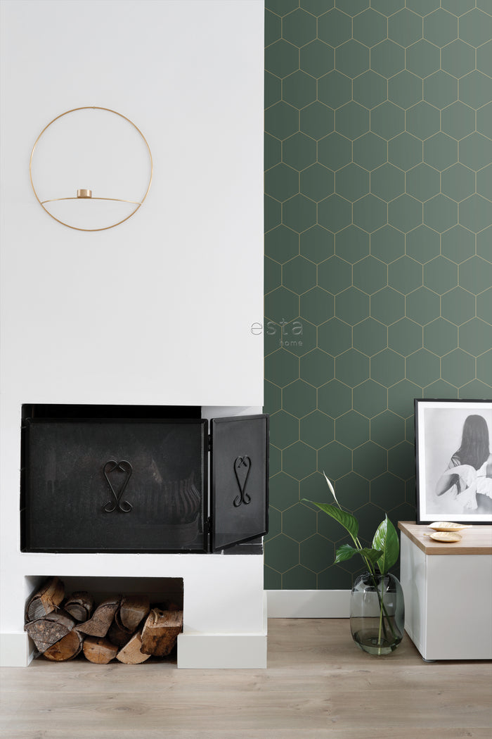 ESTAhome behang hexagon donkergroen en goud - 0,53 x 10,05 m - 139228