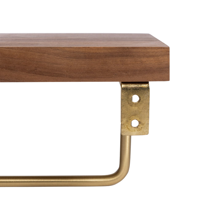 QUVIO Toiletrolhouder metaal met telefoon plank - Donker hout + goud