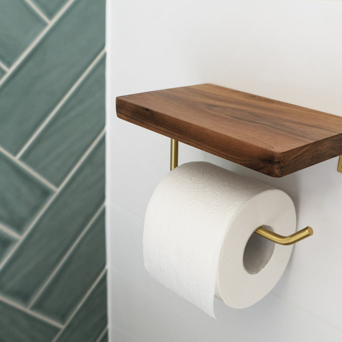 QUVIO Toiletrolhouder metaal met telefoon plank - Donker hout + goud