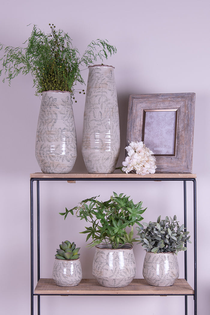 Clayre & Eef Vaas Ø 15x30 cm Groen Beige Keramiek Bladeren Decoratie