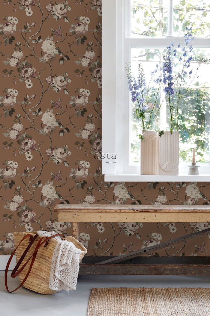 ESTAhome behang vintage bloemen terracotta bruin - 50 x 900 cm - 13940