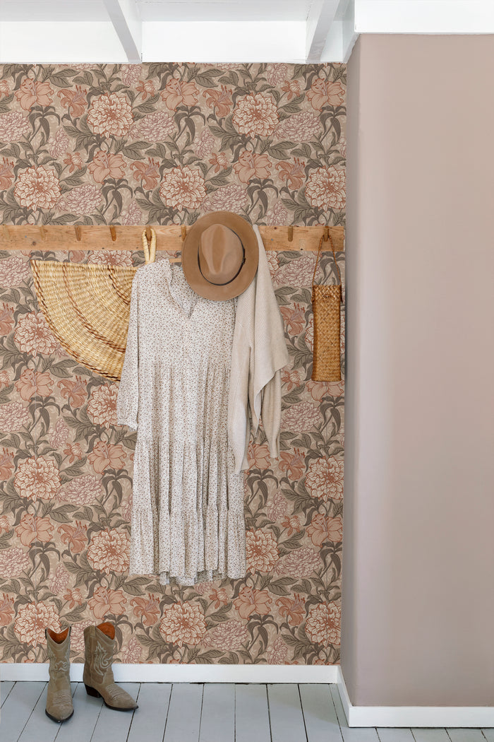 ESTAhome behang vintage bloemen oudroze, vergrijsd groen en terracotta