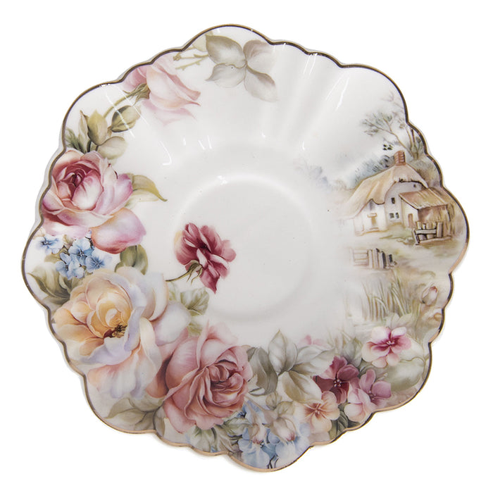 Clayre & Eef Kop en schotel 200 ml Wit Roze Porselein Rond Bloemen