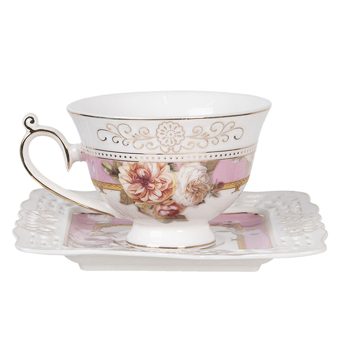 Clayre & Eef Kop en schotel 200 ml Roze Wit Porselein Rond Bloemen