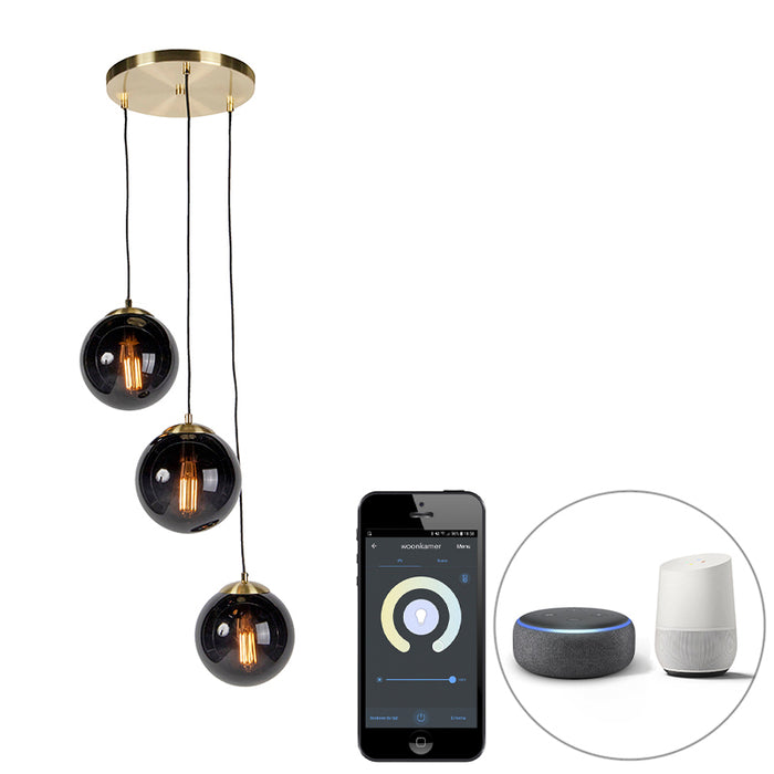 QAZQA Smart hanglamp messing met zwarte glas 3-lichts incl. Wifi ST64