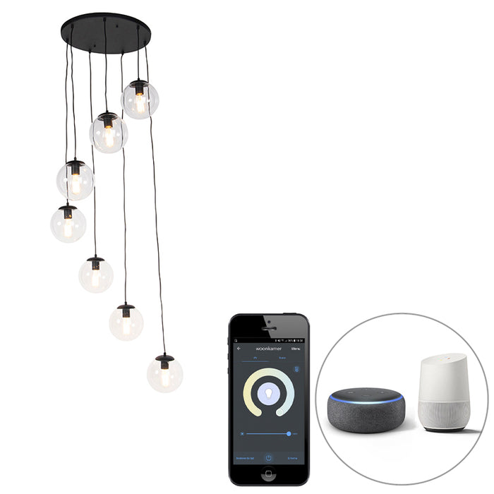 QAZQA Smart hanglamp zwart 7-lichts incl. Wifi ST64 - Pallon