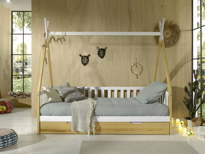Vipack Tipi Bed met Uitvalbeveiliging en Bedlade Wit | Naturel