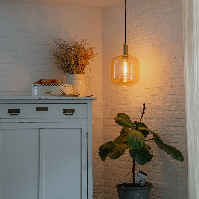 QAZQA Design hanglamp zwart met messing en amber glas - Zuzanna