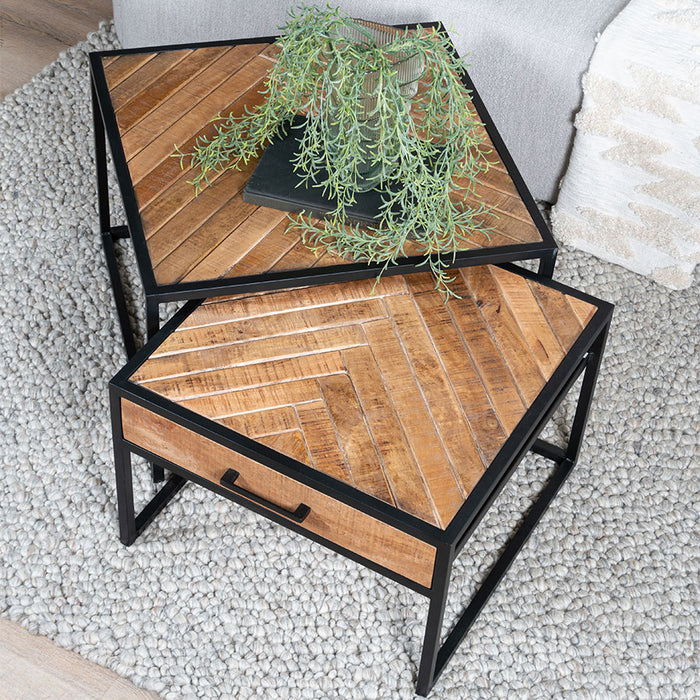 Home67 - Salontafel Ruby Visgraat - Bruin Mangohout - Set van 2