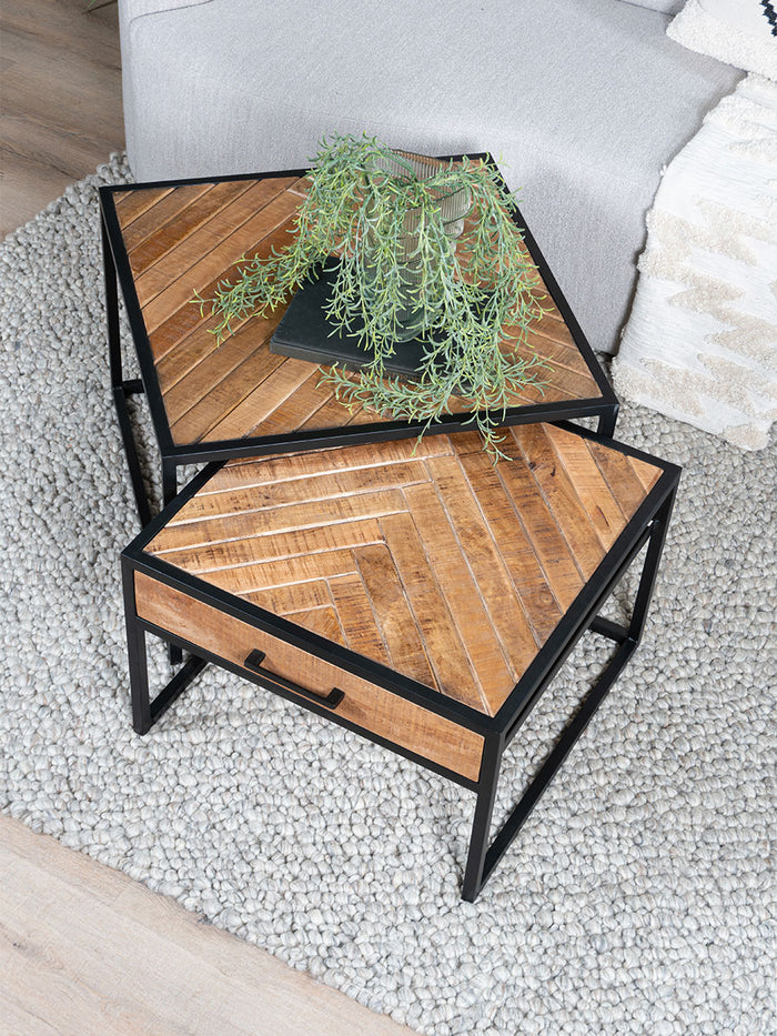 Home67 - Salontafel Ruby Visgraat - Bruin Mangohout - Set van 2