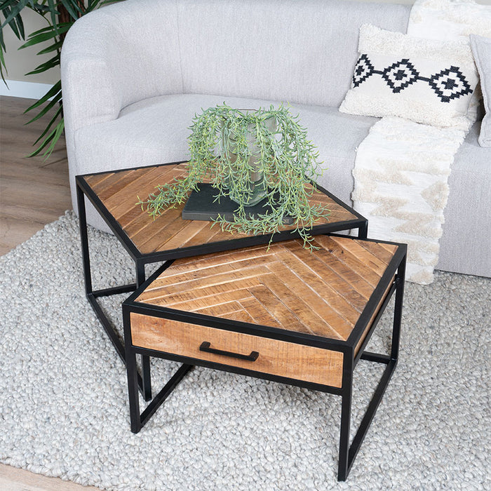 Home67 - Salontafel Ruby Visgraat - Bruin Mangohout - Set van 2