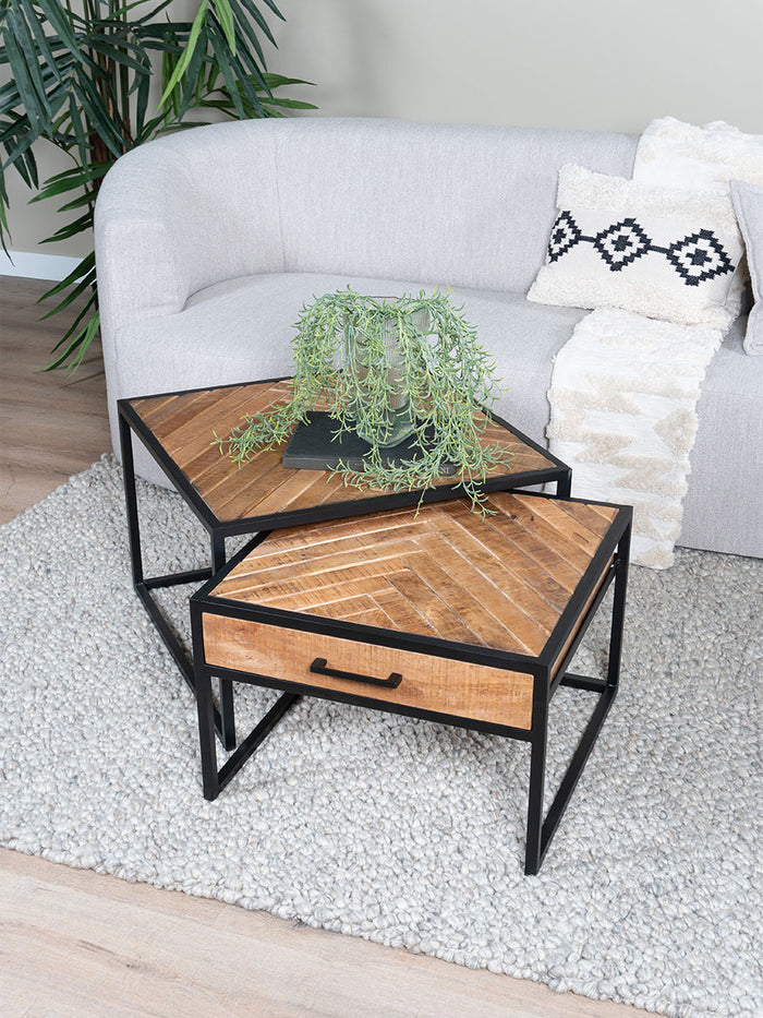 Home67 - Salontafel Ruby Visgraat - Bruin Mangohout - Set van 2