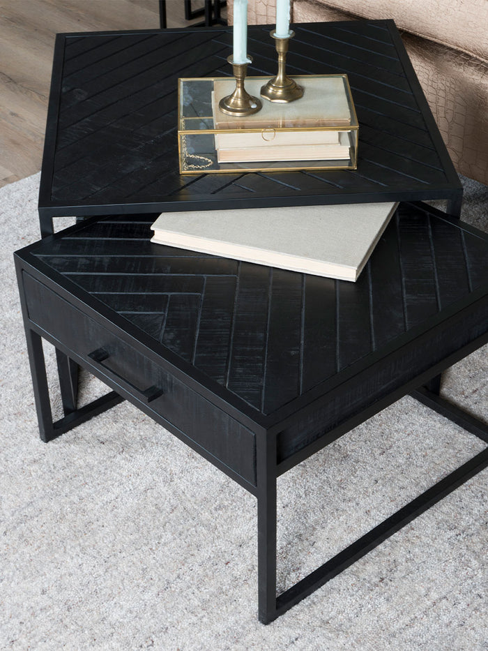 Home67 - Salontafel Ruby Visgraat - Zwart Mangohout - Set van 2