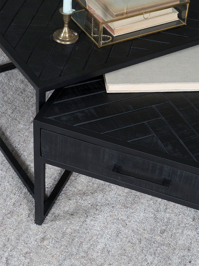 Home67 - Salontafel Ruby Visgraat - Zwart Mangohout - Set van 2