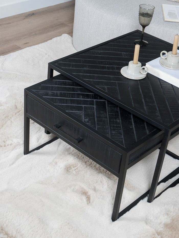 Home67 - Salontafel Ruby Visgraat - Zwart Mangohout - Set van 2