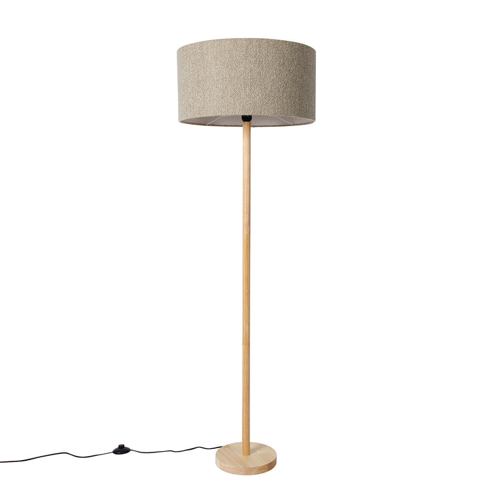 QAZQA Landelijke vloerlamp hout met boucle kap taupe - Mels