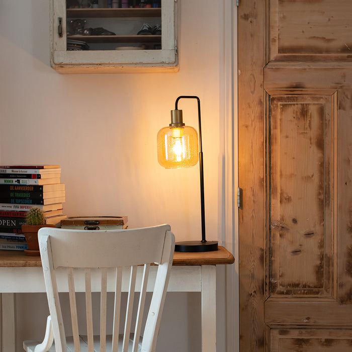 QAZQA Design tafellamp zwart met messing en amber glas - Zuzanna