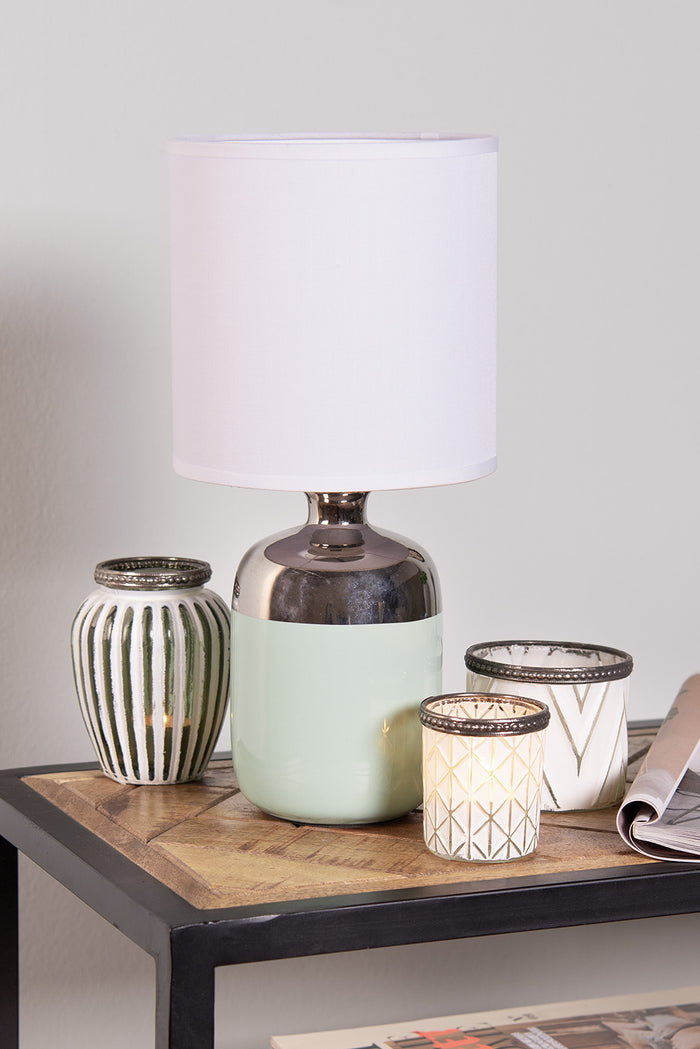 Clayre & Eef Tafellamp Ø 15x33 cm Wit Zilverkleurig Keramiek