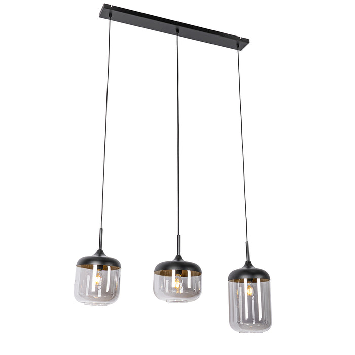 QAZQA Design hanglamp zwart met goud en smoke glas 3-lichts - Kyan