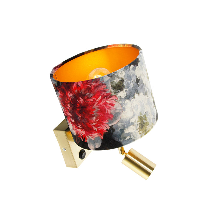 QAZQA Wandlamp messing met leeslamp en kap 18 cm bloemen - Brescia