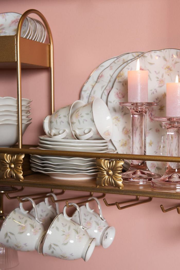 Clayre & Eef Kop en schotel 220 ml Wit Roze Porselein Rond Bloemen