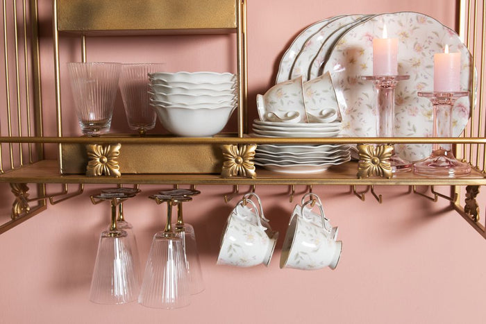 Clayre & Eef Kop en schotel 220 ml Wit Roze Porselein Rond Bloemen