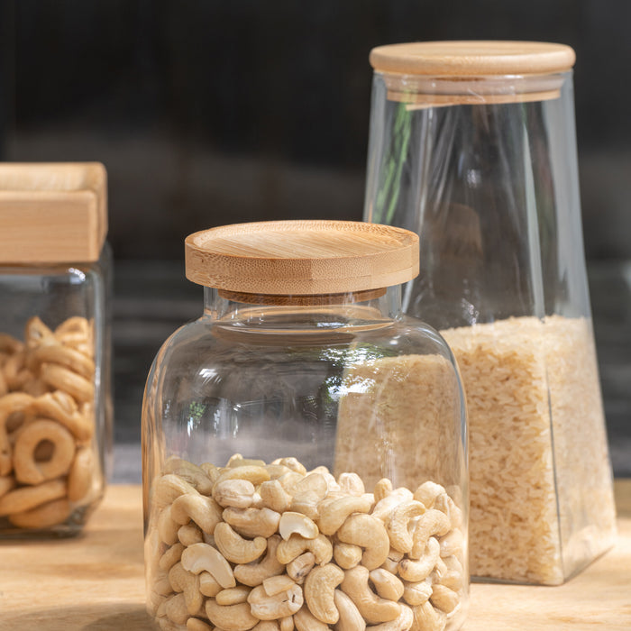 J-Line voorraadpot Tom - glas|bamboe - transparant|naturel - small