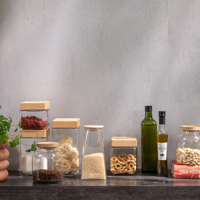 J-Line voorraadpot Tom - glas|bamboe - transparant|naturel - small