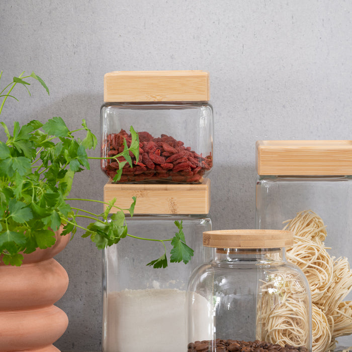 J-Line voorraadpot Tom - glas|bamboe - transparant|naturel - small