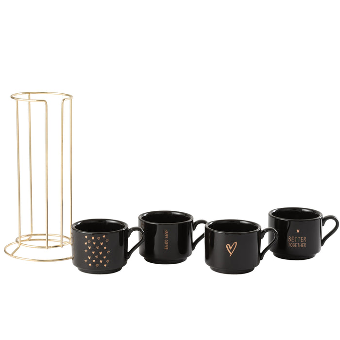 J-Line Rek 4 Tassen Liefde Keramiek Zwart Goud