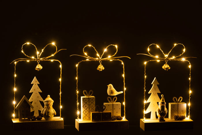 J-Line Pakje+Led Kerst Hout Wit|Goud|Naturel Assortiment Van 3