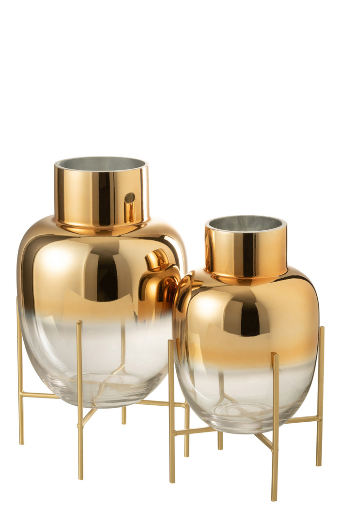 J-Line vaas Cilinder Op Voet - glas - transparant|goud - large - Ø 21 cm